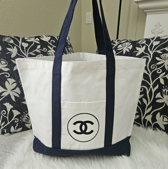 Classy Dark Blue and White Canvas Tote - Picture 1 of 8